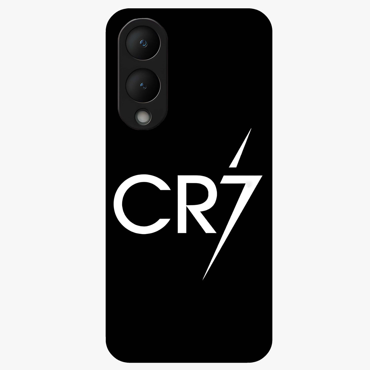 Cr7 Elite Strike Glass Case showing flat back view with dynamic football inspired artwork and glossy glass finish.