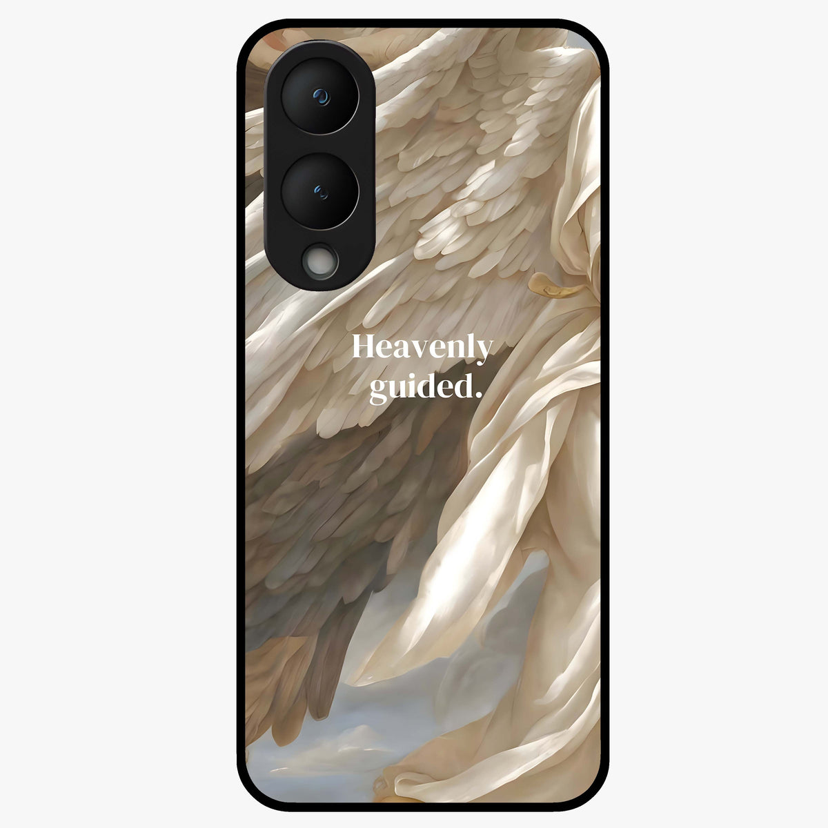 Divine Winged Grace Glass Case showing flat back view with elegant wing inspired artwork and glossy glass finish.