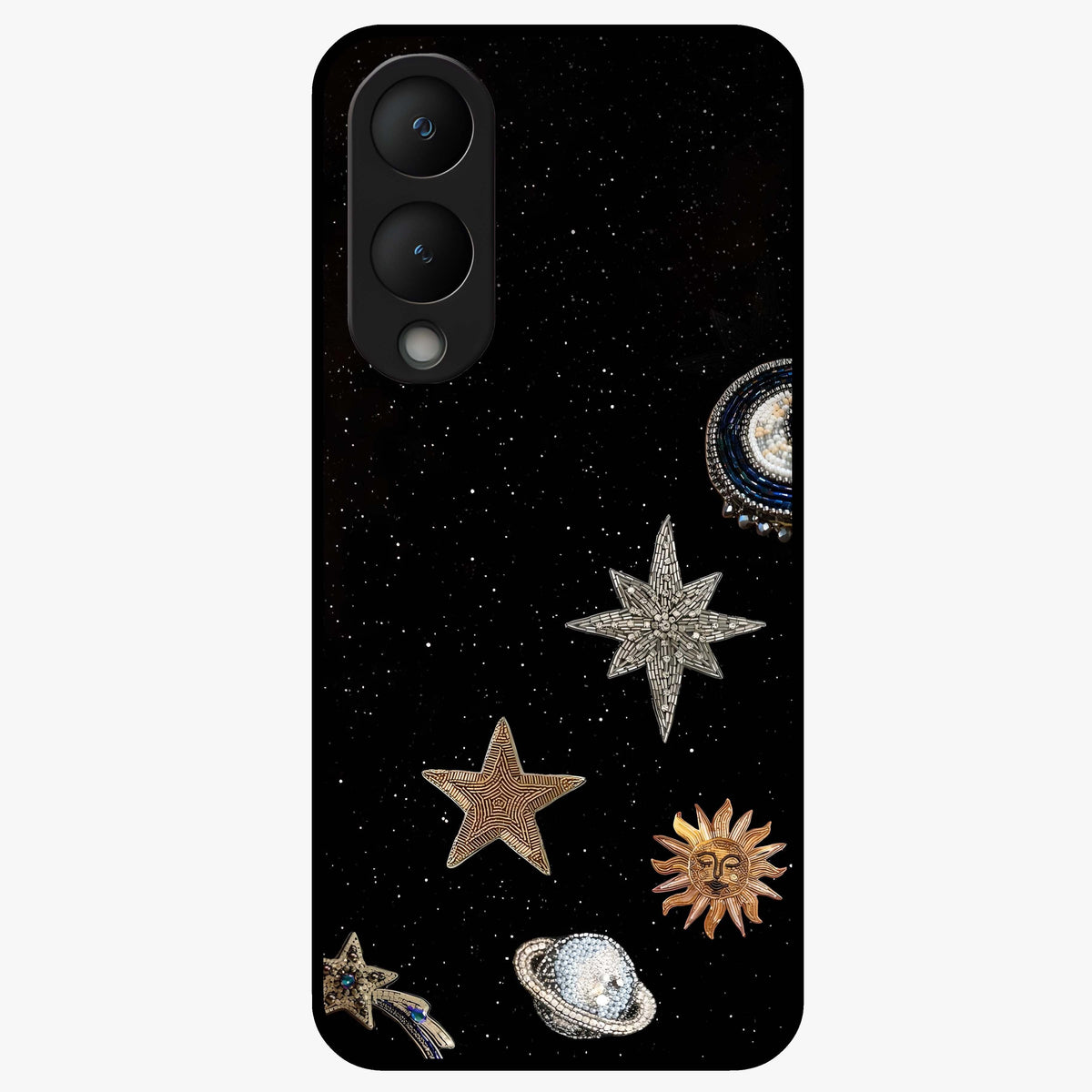 Galactic Charm Glow Glass Case showing flat back view with glowing celestial charm artwork and glossy glass finish.