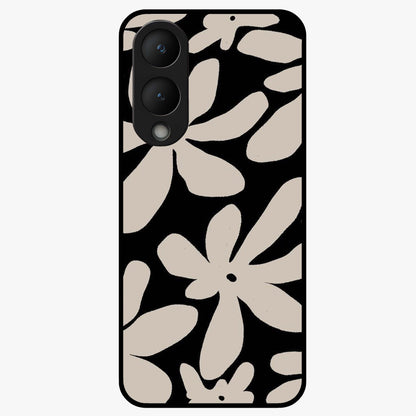 Monochrome Petal Dance Glass Case showing flat back view with monochrome floral artwork and glossy glass finish.