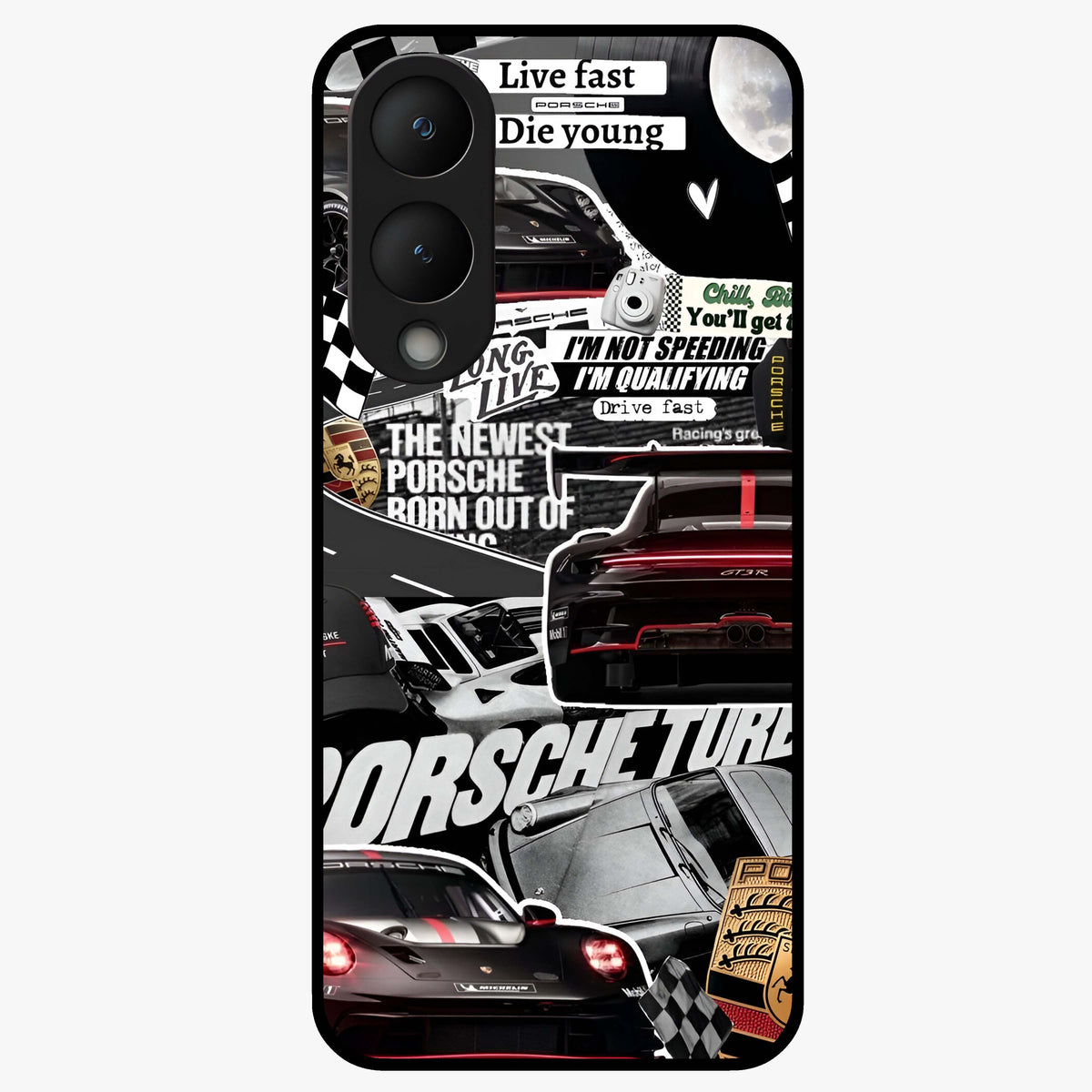 Porsche Racing Collage Glass Case showing flat back view with sports car racing collage artwork and glossy glass finish.