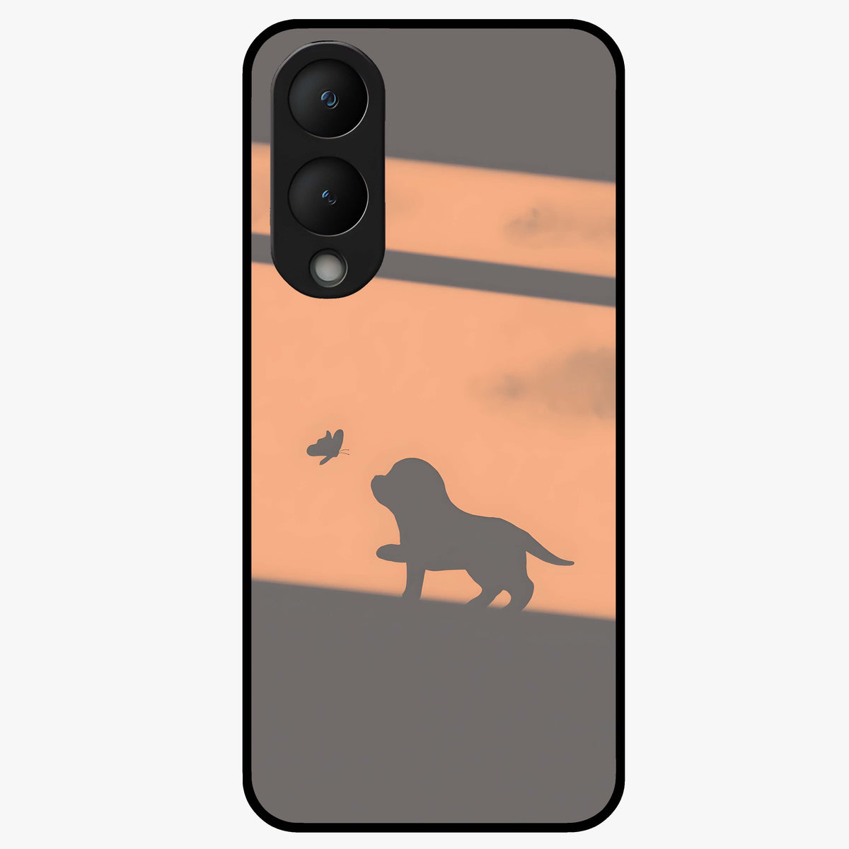 Puppy Shadow Art Glass Case showing flat back view with cute puppy shadow style artwork and glossy glass finish.