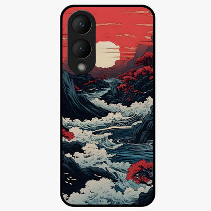 Red Sunset Scenery Glass Case showing flat back view with vibrant sunset landscape artwork and glossy glass finish.