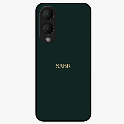Sabr Minimal Patience Glass Case showing flat back view with minimalist typography artwork and glossy glass finish.