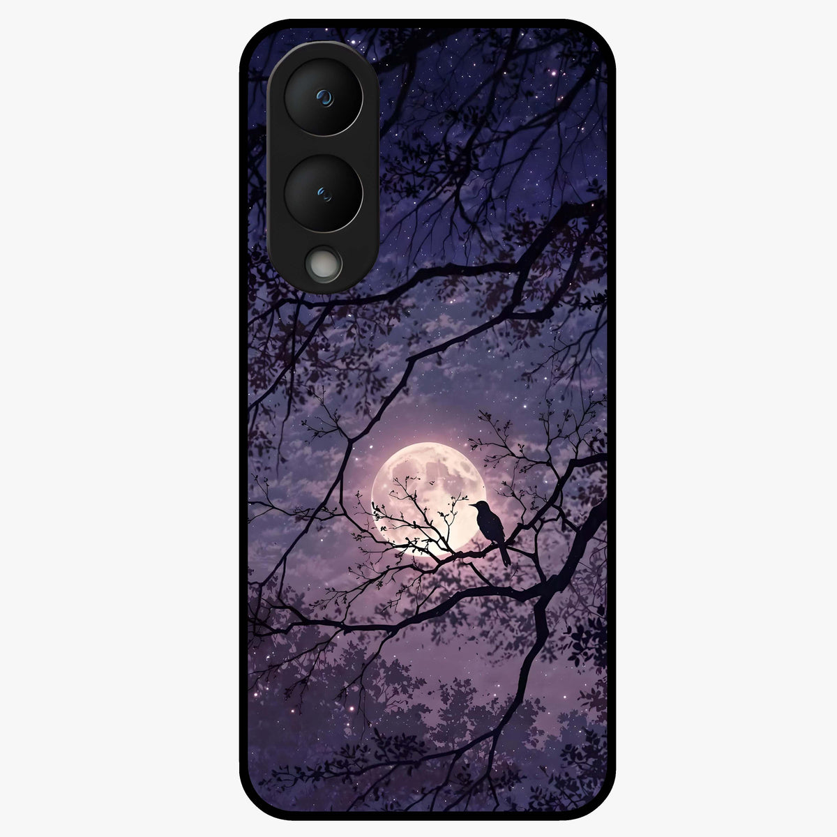 Whispering Moon Silence Glass Case showing flat back view with serene moon themed artwork and glossy glass finish.