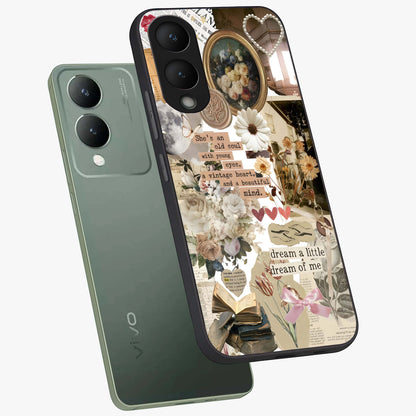 Aesthetic Brown Vintage Collage Glass Case displayed in angled mockup highlighting vintage aesthetic collage design.