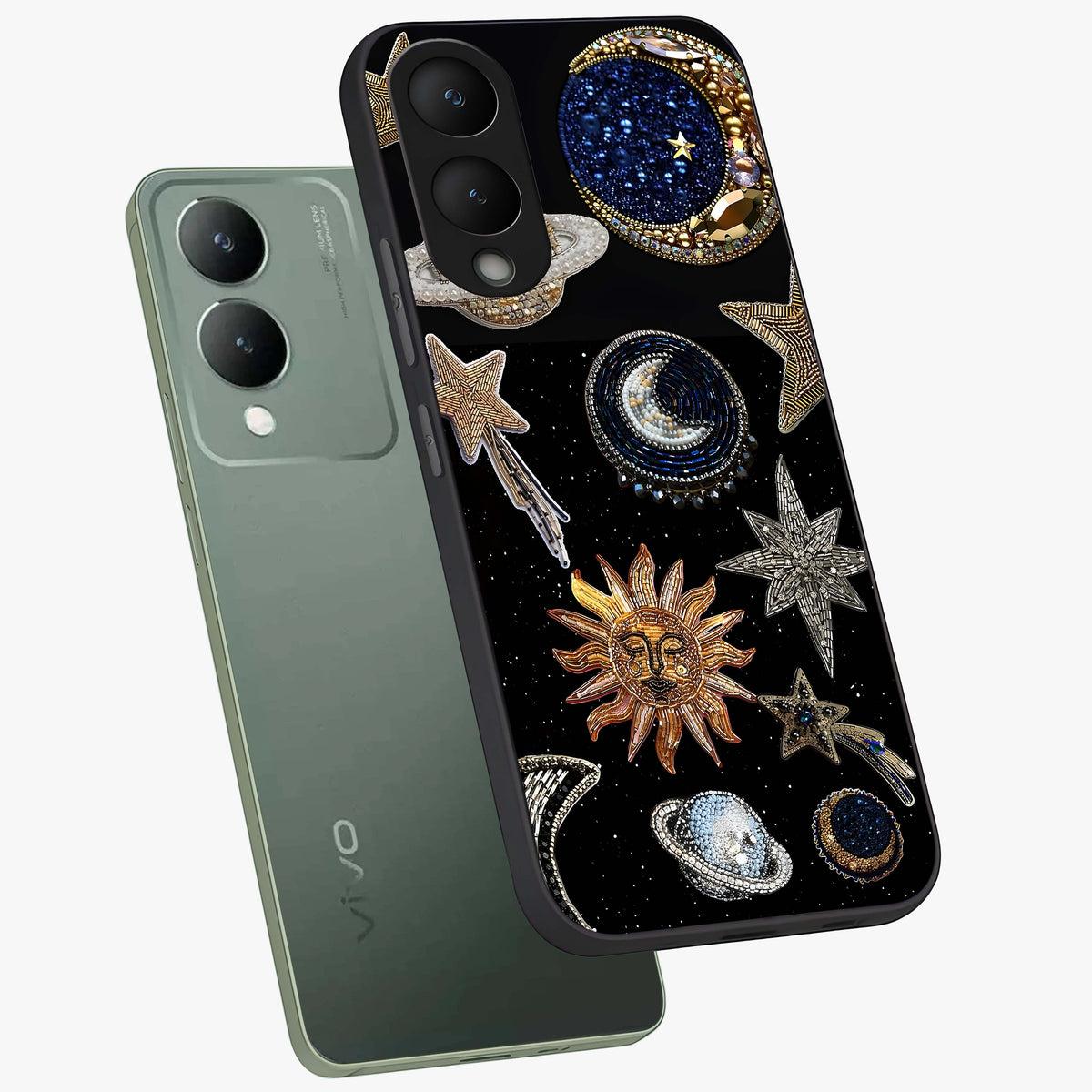 Celestial Gem Constellations Glass Case displayed in angled mockup highlighting gemstone inspired constellation design.