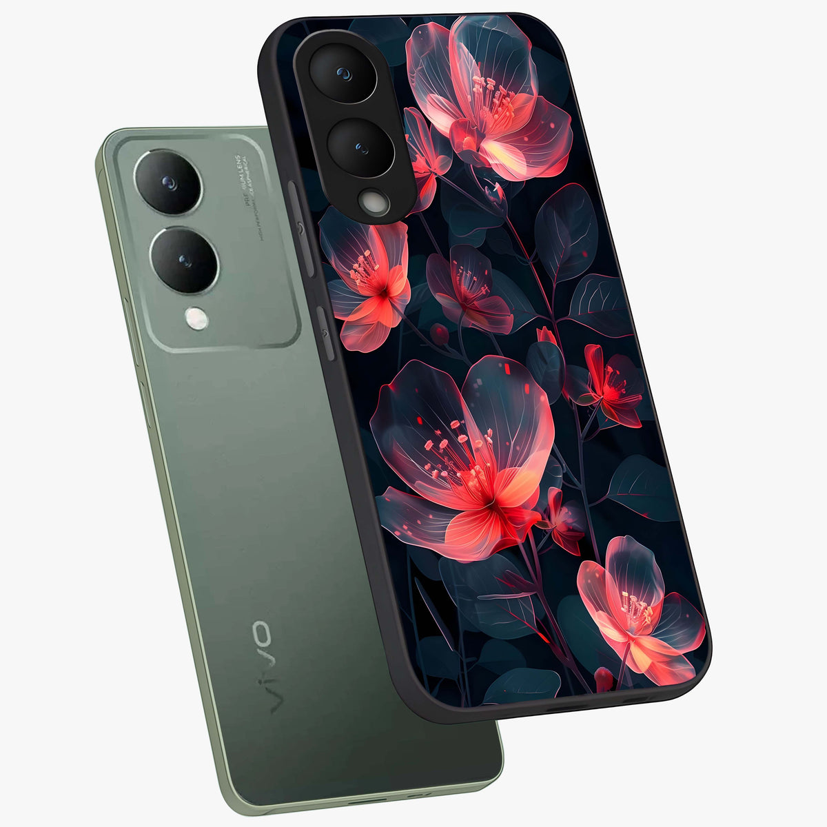 Dark Shade of Flower Glass Case displayed in angled mockup highlighting moody floral illustration with aesthetic dark tones.