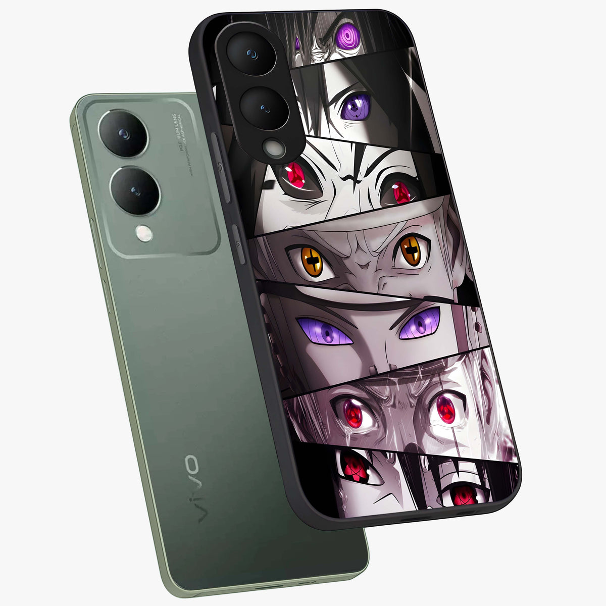 Eyes of Destiny Glass Case displayed in angled mockup highlighting bold eye illustration with mystical aesthetic style.
