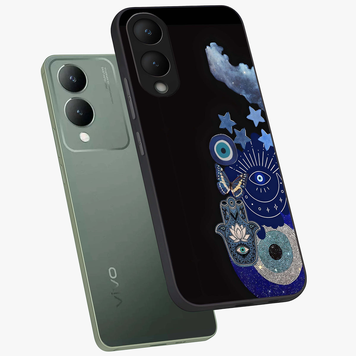 Galactic Charm Cluster Glass Case displayed in angled mockup highlighting luminous galaxy inspired design with dreamy aesthetic.