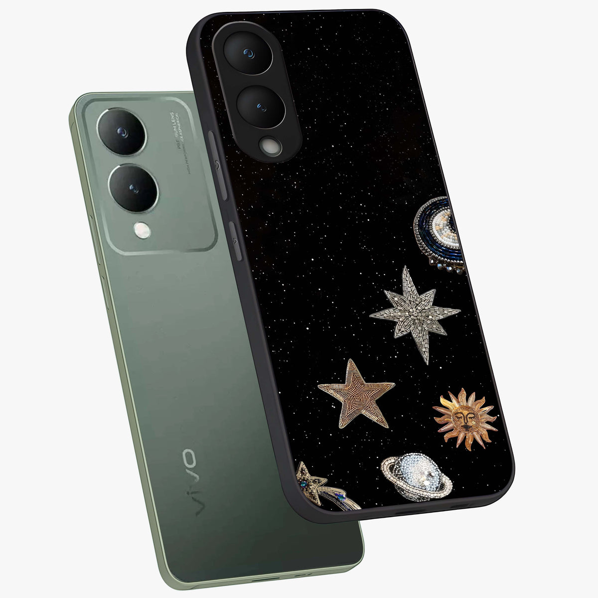 Galactic Charm Glow Glass Case displayed in angled mockup highlighting luminous galaxy inspired design with dreamy aesthetic.
