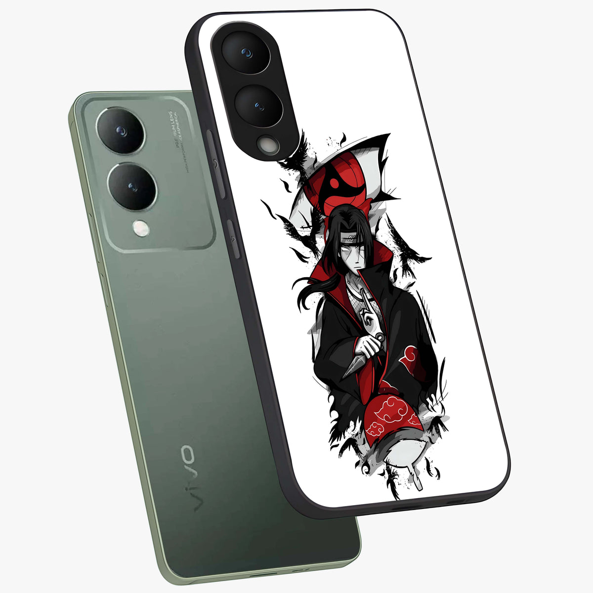 Itachi Limited Edition Naruto Anime Glass Case displayed in angled mockup highlighting dramatic anime illustration with bold action aesthetic.