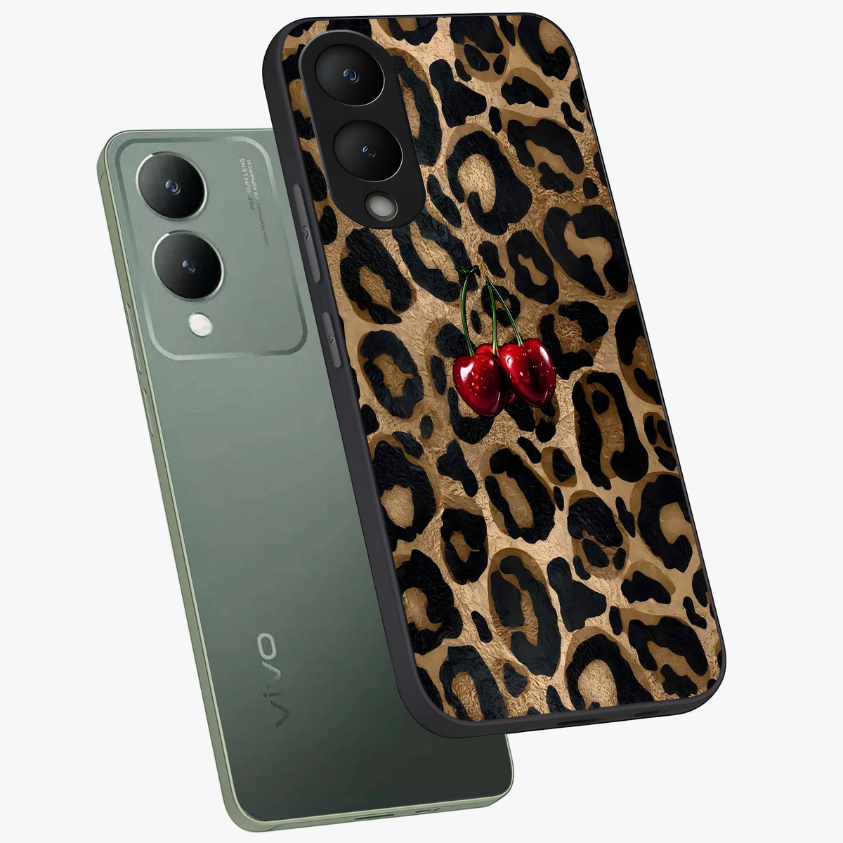 Leopard Wild Cherry Glass Case displayed in angled mockup highlighting bold animal print design with playful cherry aesthetic.