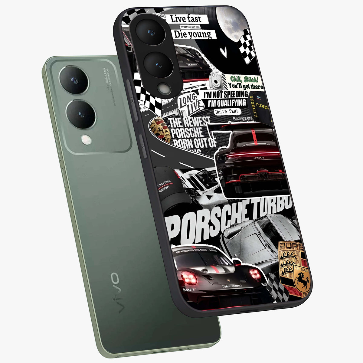 Porsche Racing Collage Glass Case displayed in angled mockup highlighting dynamic automotive design with bold racing aesthetic.