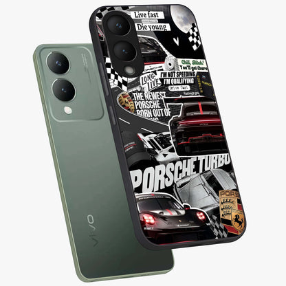 Porsche Racing Collage Glass Case displayed in angled mockup highlighting dynamic automotive design with bold racing aesthetic.