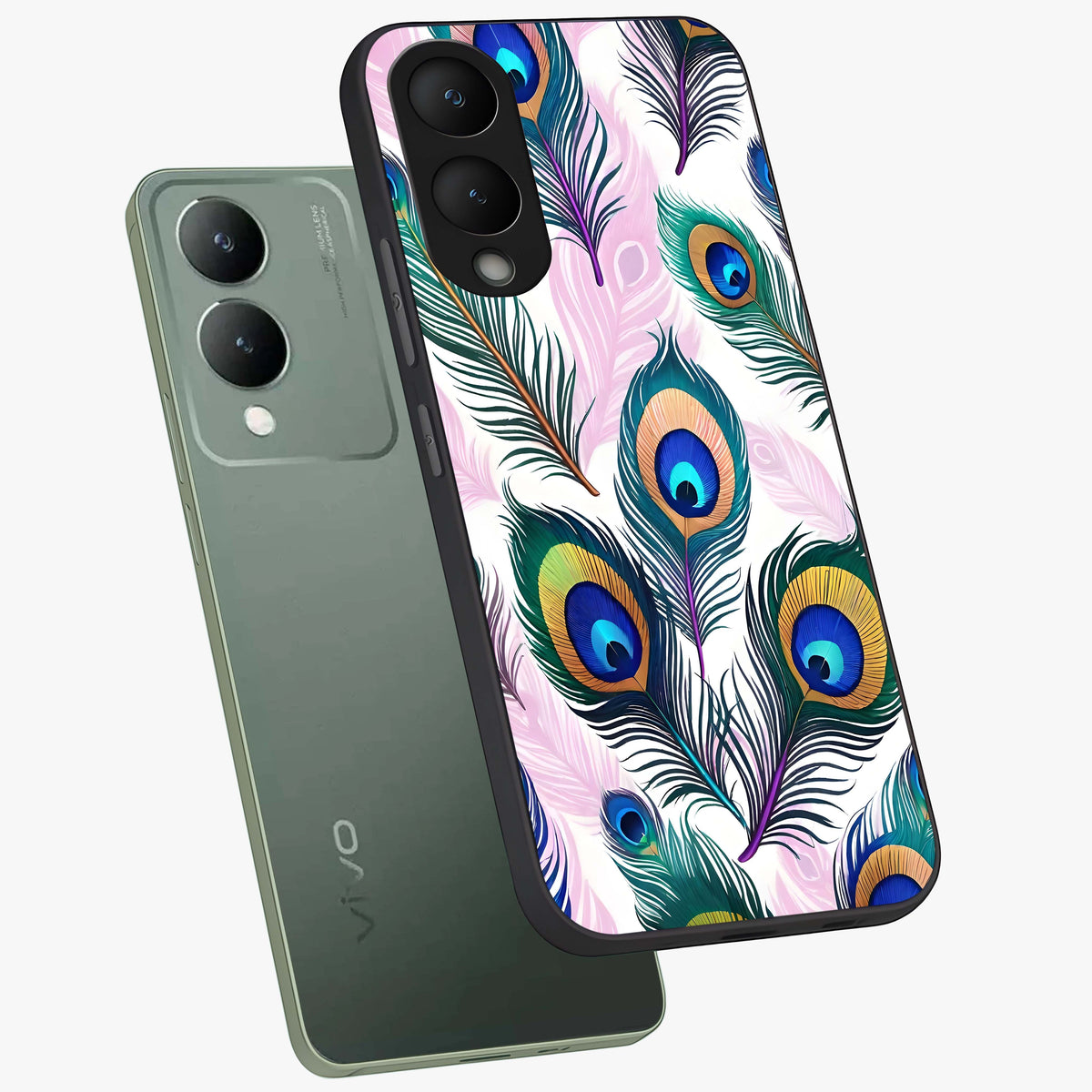 Royal Peacock Feathers Glass Case displayed in angled mockup highlighting vibrant feather pattern with regal aesthetic style.