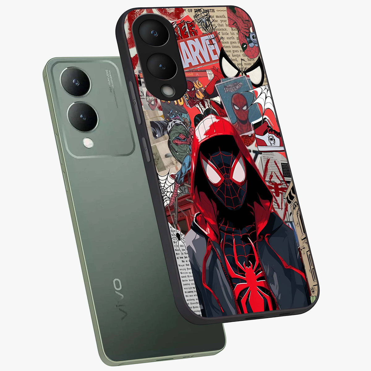 Spider Collage Street Glass Case displayed in angled mockup highlighting dynamic street style collage design with comic aesthetic.