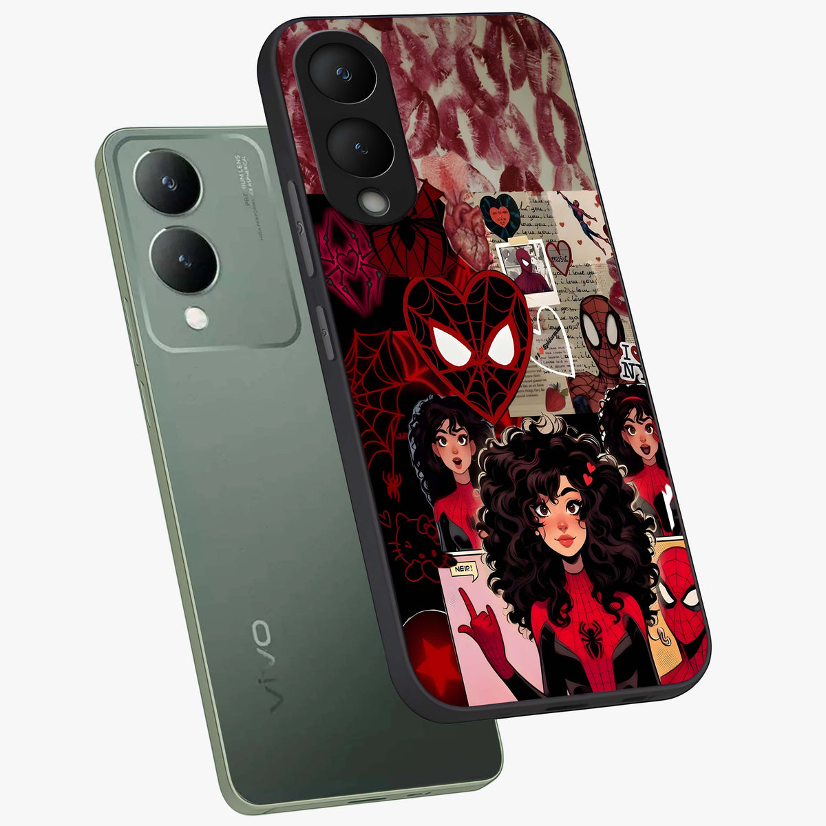 Spider Love Story Glass Case displayed in angled mockup highlighting expressive comic inspired design with playful aesthetic.