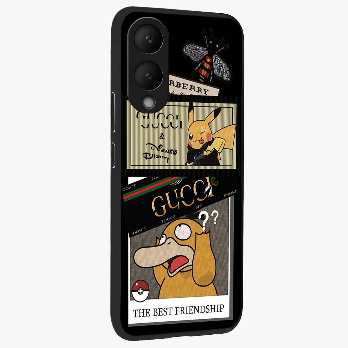 Gucci Play Mashup Glass Case upright view showcasing trendy luxury inspired artwork with modern fashion theme.
