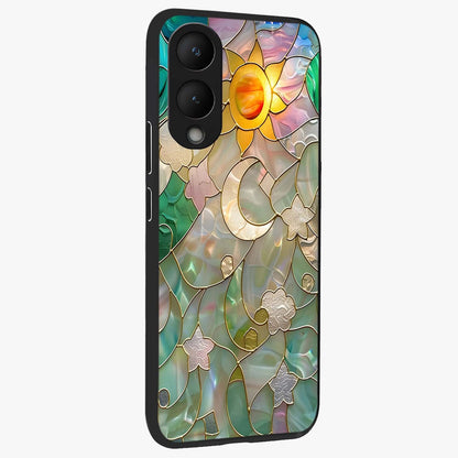 Stained Sunrise Glow Glass Case upright view showcasing colorful sunrise artwork with warm morning theme.