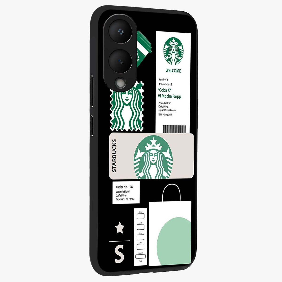 Starbucks Mocha Glass Case upright view showcasing trendy coffee inspired artwork with modern lifestyle theme.