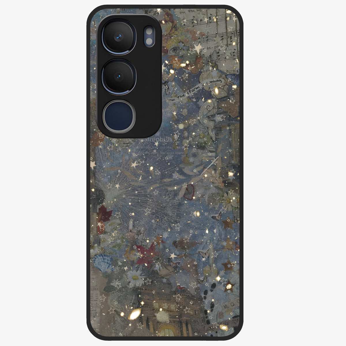 Aesthetic Astrolophia Glass Case showing flat back view with dreamy aesthetic design and glossy glass finish.