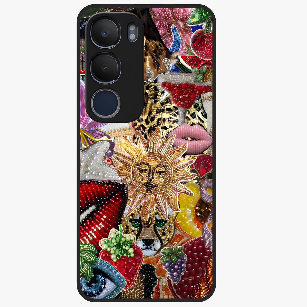 Beaded Fashion Jungle Glass Case showing flat back view with vibrant jungle inspired bead artwork and glossy glass finish.