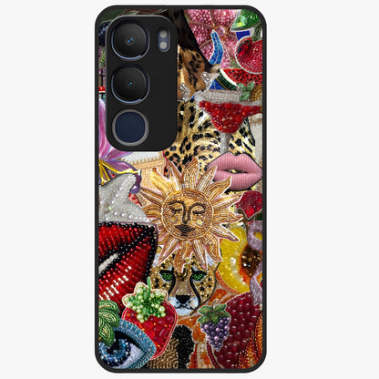 Beaded Fashion Jungle Glass Case showing flat back view with vibrant jungle inspired bead artwork and glossy glass finish.