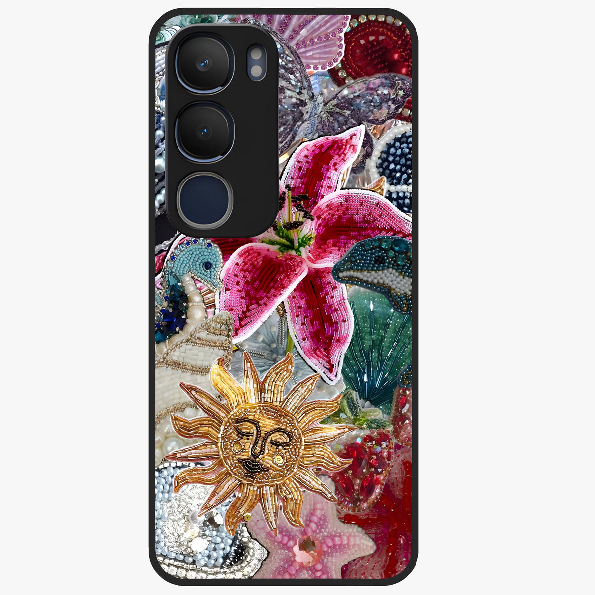 Beaded Garden Fantasy Glass Case showing flat back view with dreamy garden bead artwork and glossy glass finish.