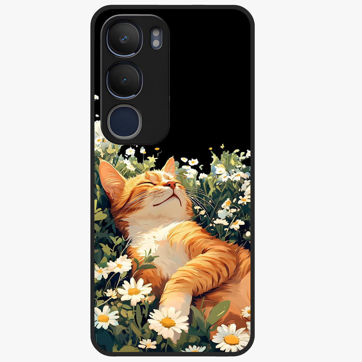 Blissful Bloom Cat Glass Case showing flat back view with cute cat and floral bloom artwork and glossy glass finish.