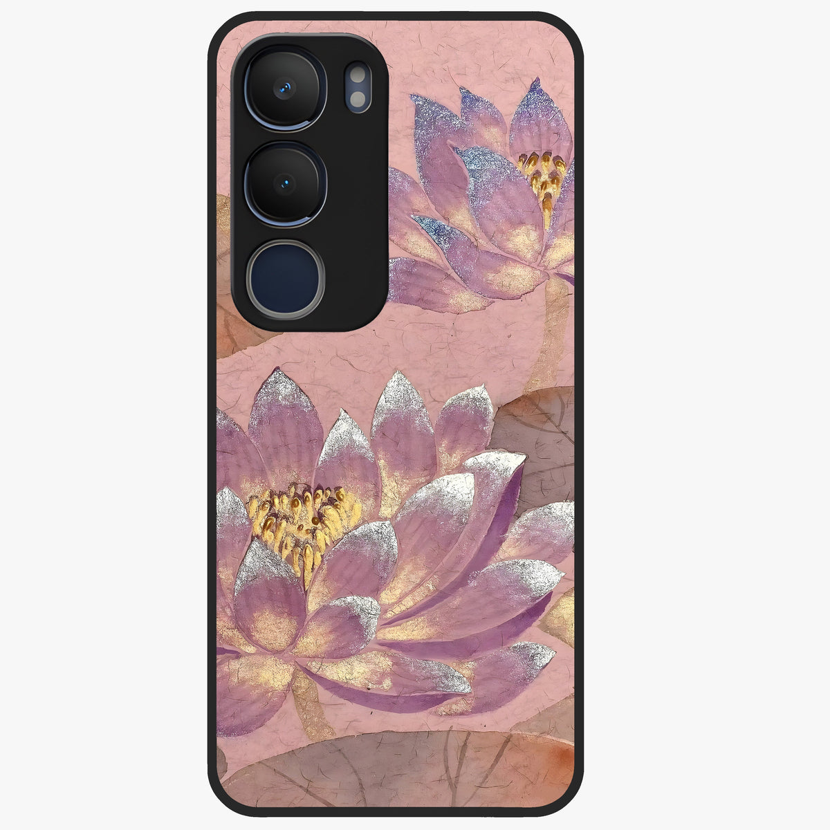 Blossom Mist Lotus Glass Case showing flat back view with serene lotus blossom artwork and glossy glass finish.