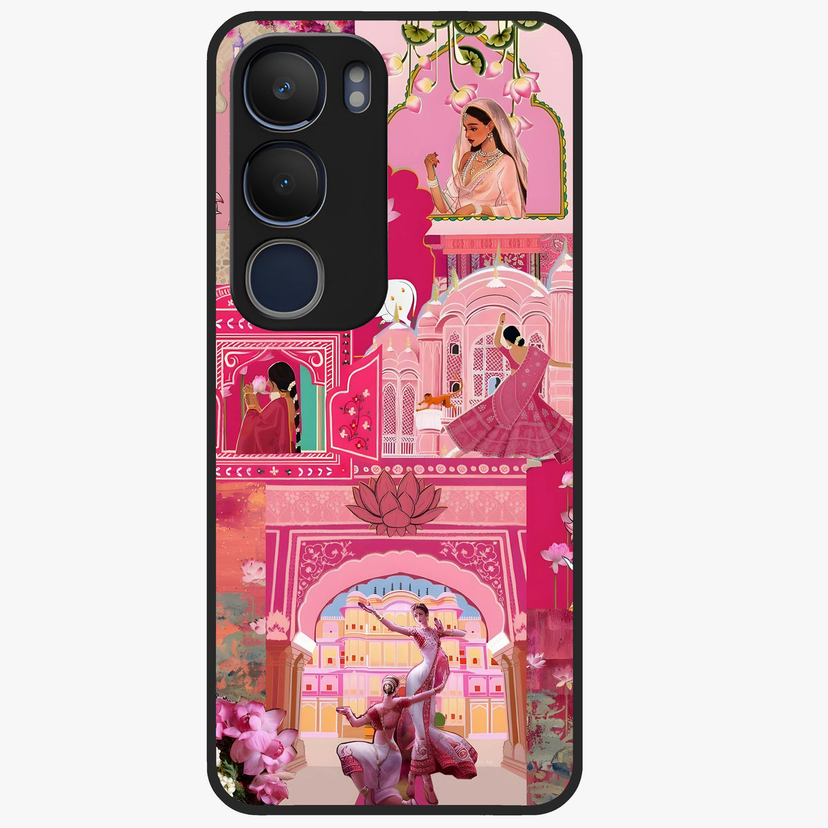 Blossoms of Rajasthan Glass Case showing flat back view with traditional floral artwork inspired by Rajasthan and glossy glass finish.