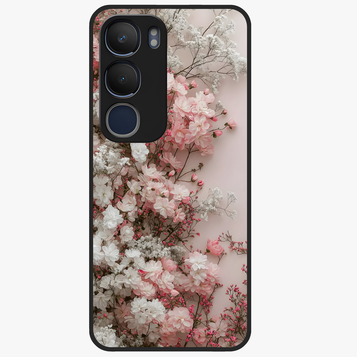 Blush Blossom Cloud Glass Case showing flat back view with dreamy blush cloud blossom artwork and glossy glass finish.
