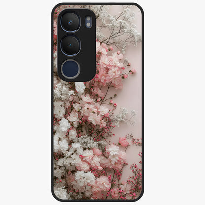 Blush Blossom Cloud Glass Case showing flat back view with dreamy blush cloud blossom artwork and glossy glass finish.