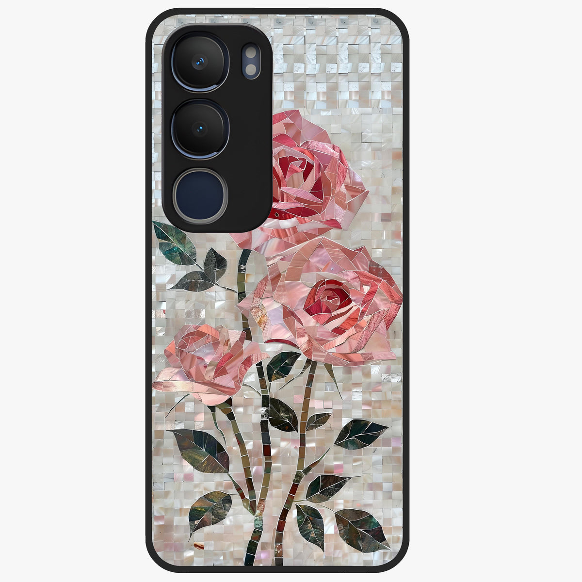 Blush Mosaic Bloom Glass Case showing flat back view with mosaic floral bloom artwork and glossy glass finish.