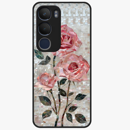 Blush Mosaic Bloom Glass Case showing flat back view with mosaic floral bloom artwork and glossy glass finish.