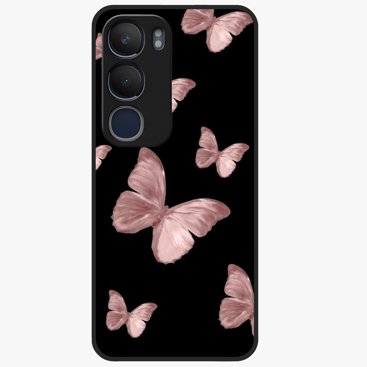 Butterfly Pattern Glass Case showing flat back view with elegant butterfly pattern artwork and glossy glass finish.