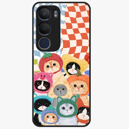 Cats in Fruits Glass Case showing flat back view with playful cat illustrations inside fruit artwork and glossy glass finish.