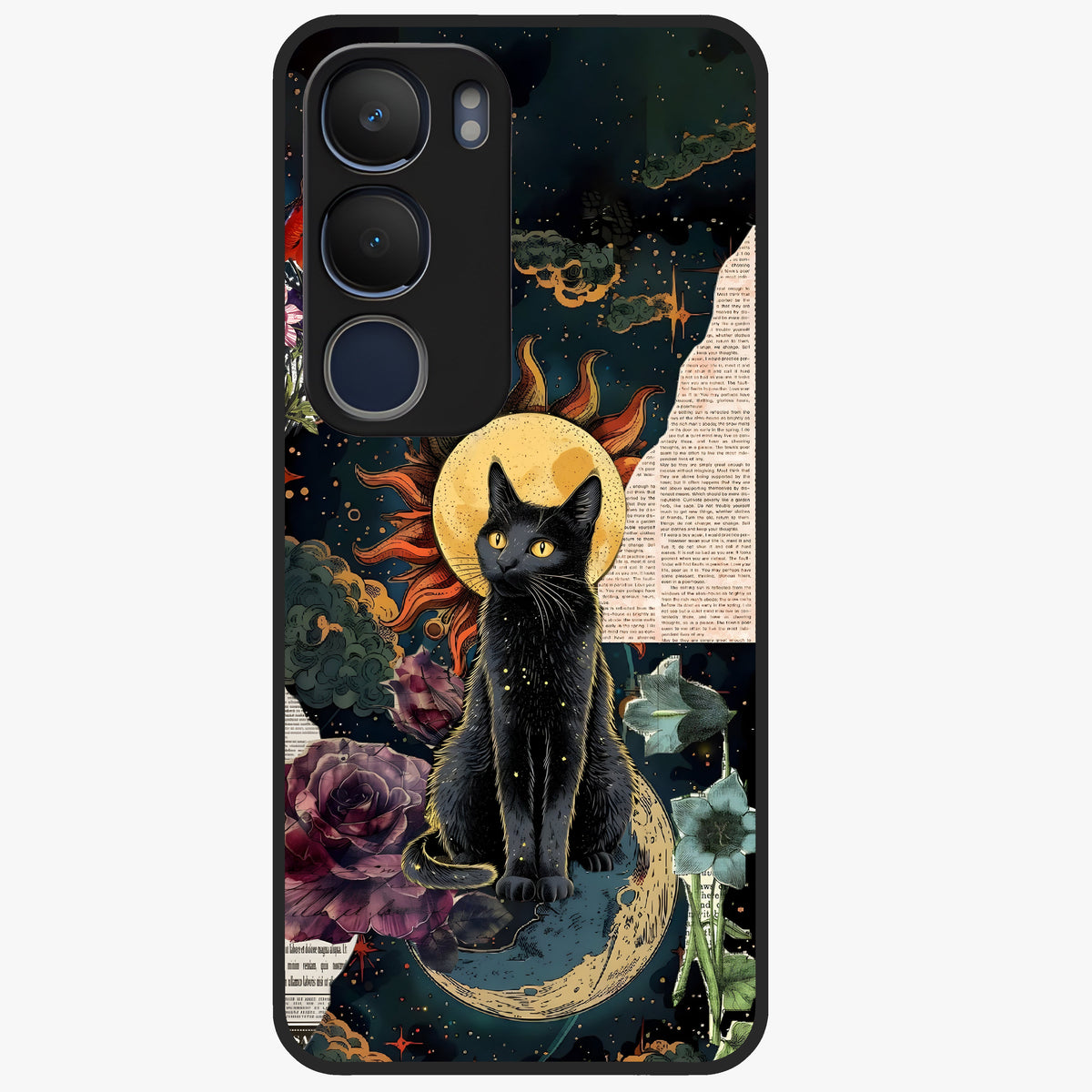 Celestial Black Cat Glass Case showing flat back view with mystical black cat artwork and glossy glass finish.