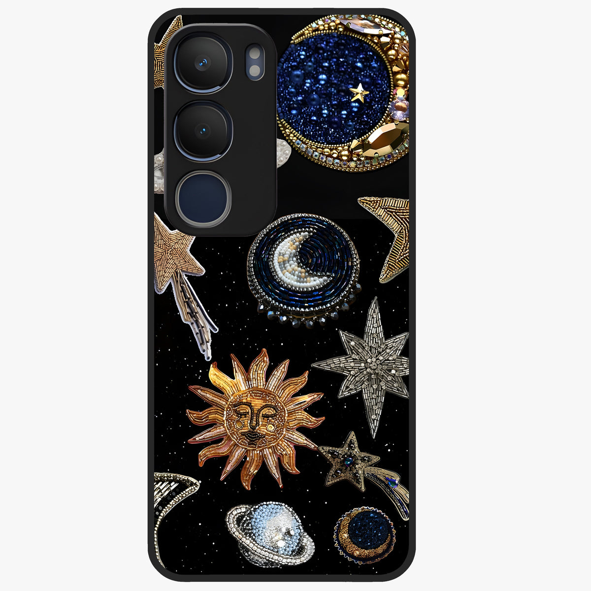 Celestial Gem Constellations Glass Case showing flat back view with sparkling constellation artwork and glossy glass finish.