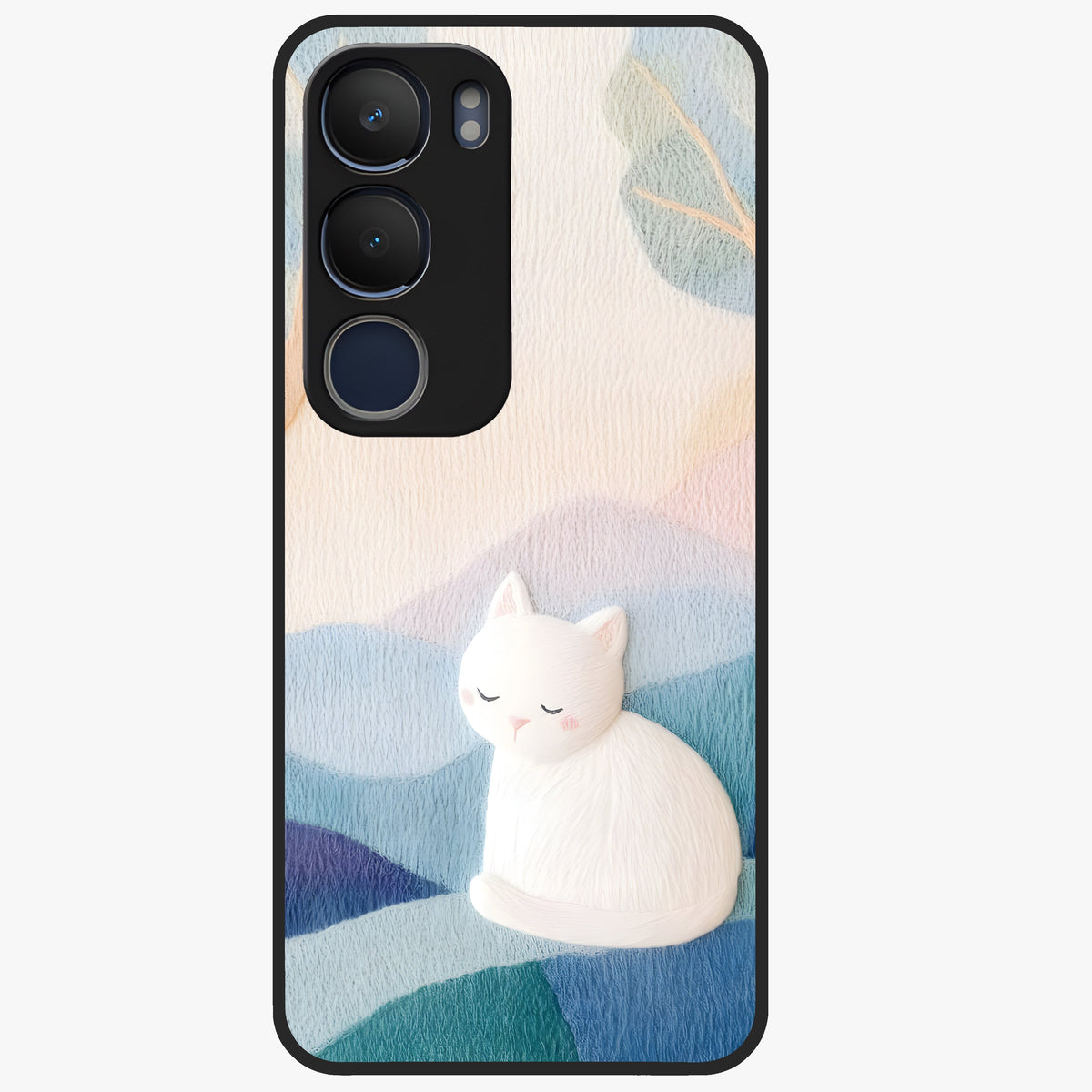 Cotton Dream Cat Glass Case showing flat back view with soft dreamy cat artwork and glossy glass finish.