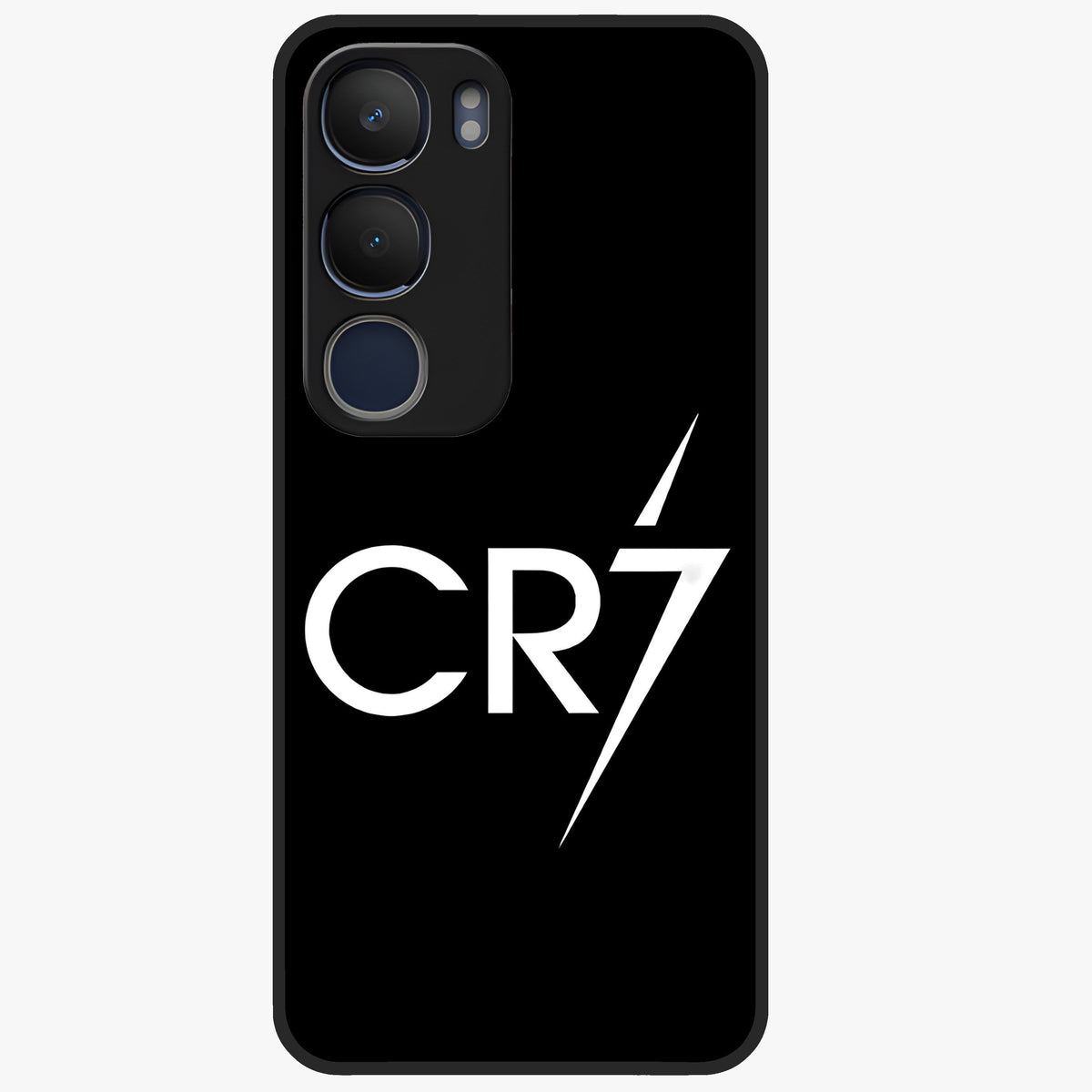 Cr7 Elite Strike Glass Case showing flat back view with dynamic football inspired artwork and glossy glass finish.