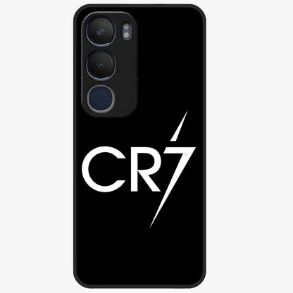 Cr7 Elite Strike Glass Case showing flat back view with dynamic football inspired artwork and glossy glass finish.