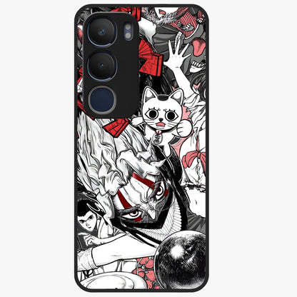 Crimson Chaos Panel Glass Case showing flat back view with bold crimson abstract artwork and glossy glass finish.