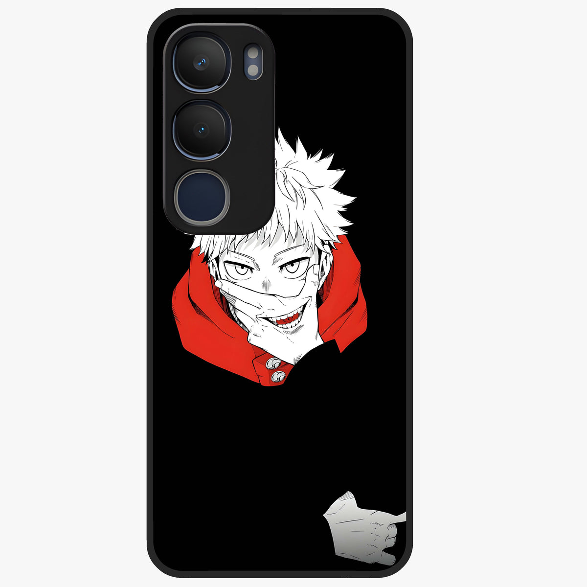 Crimson Chaos Smile Glass Case showing flat back view with bold chaotic smile artwork and glossy glass finish.