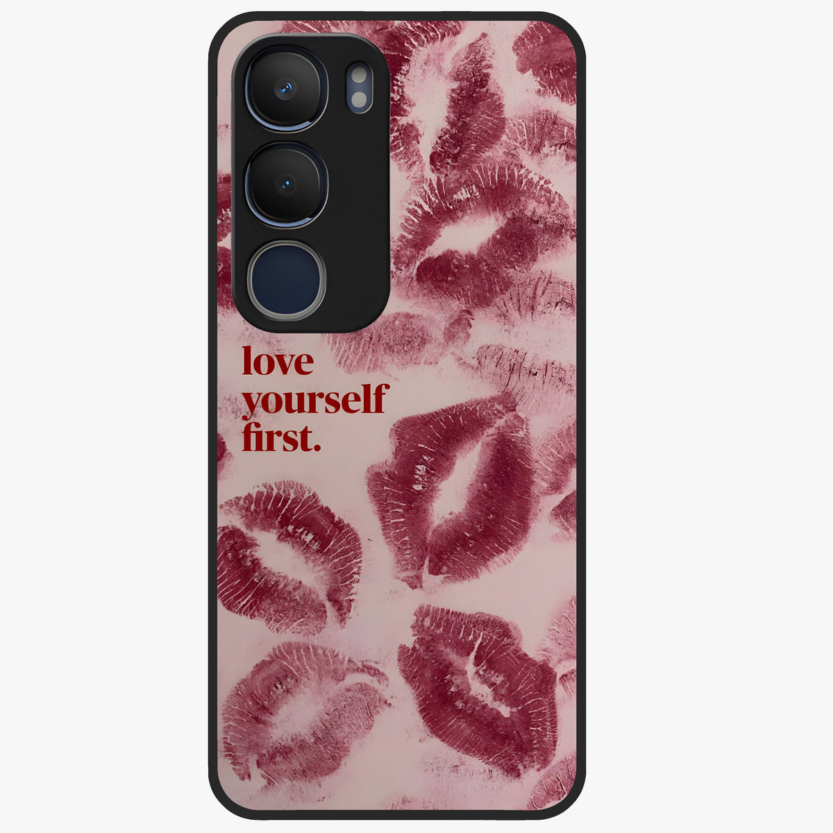 Crimson Kiss Love Glass Case showing flat back view with romantic crimson themed artwork and glossy glass finish.