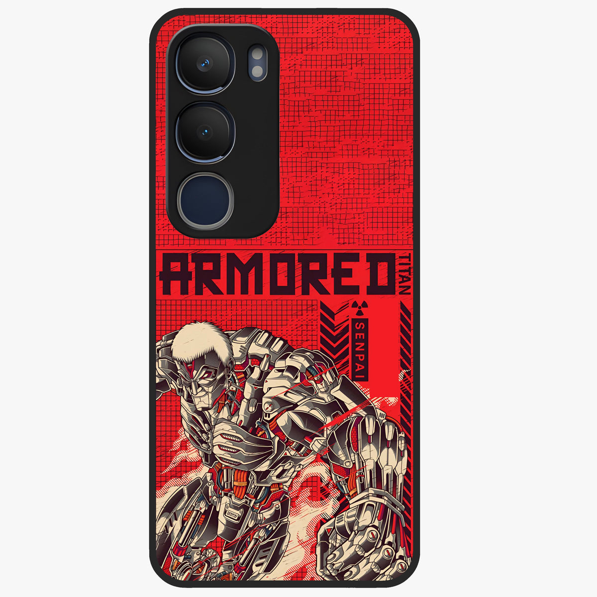 Crimson Mecha Titan Glass Case showing flat back view with powerful mech titan artwork and glossy glass finish.