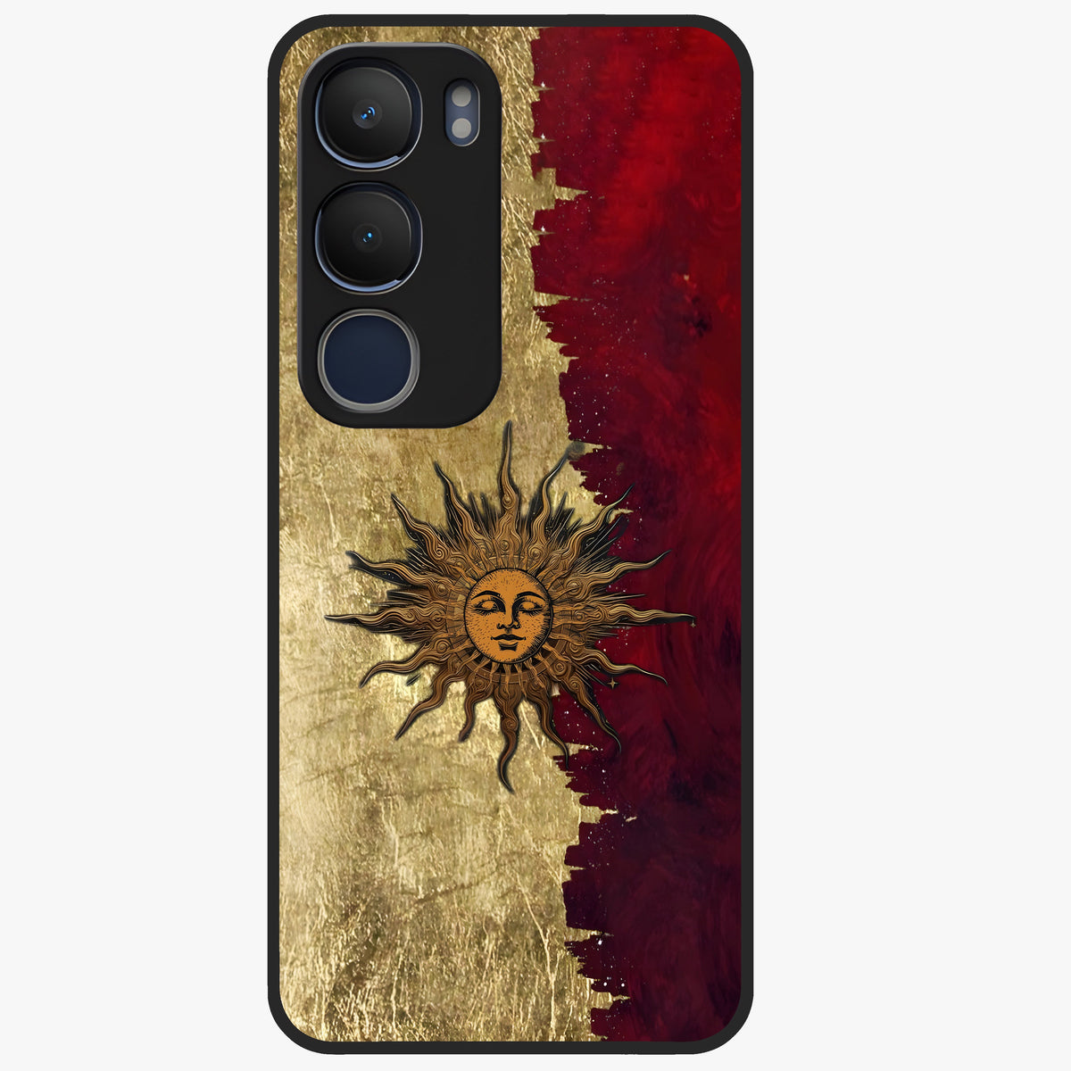 Crimson Sun Majesty Glass Case showing flat back view with radiant sun inspired artwork and glossy glass finish.
