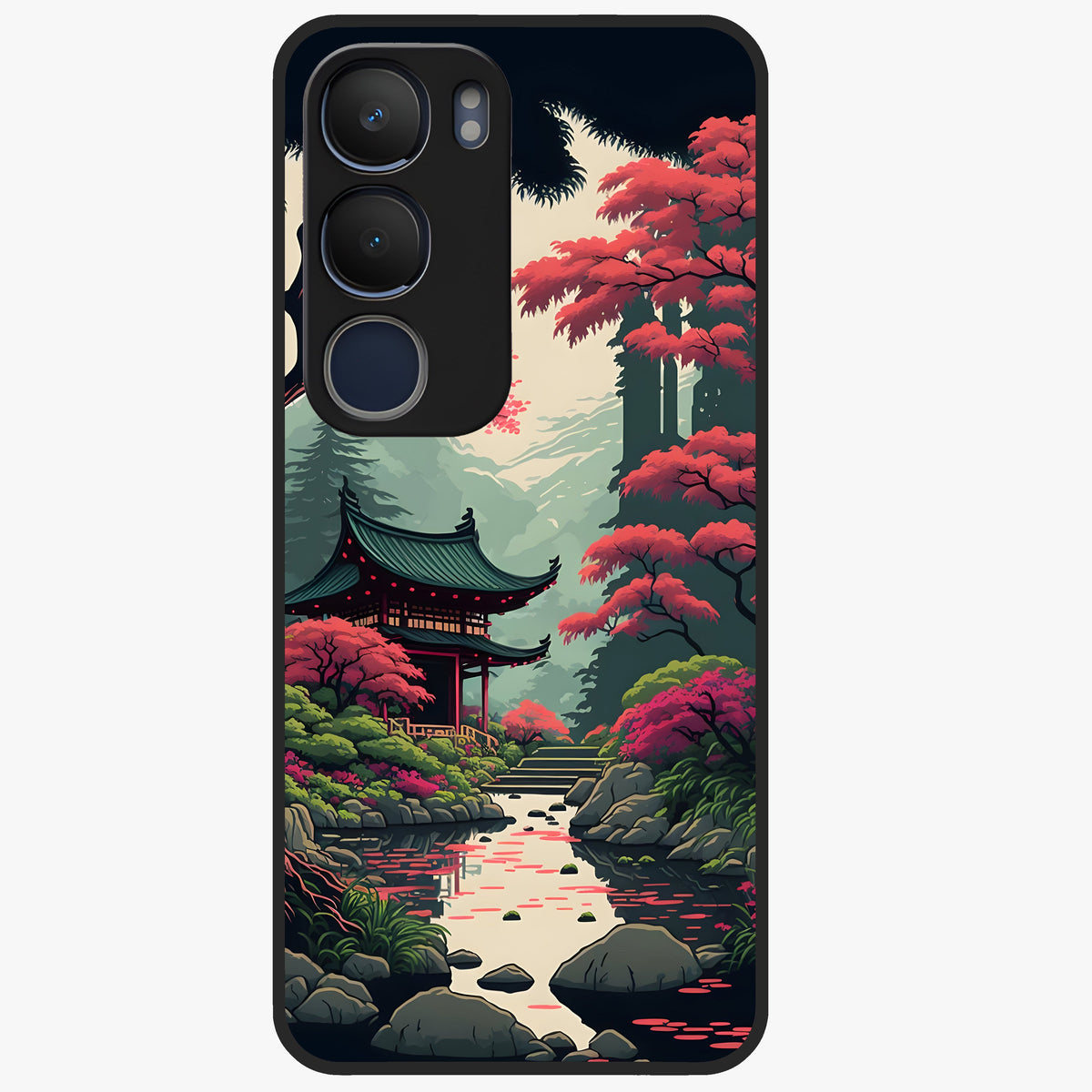Crimson Temple View Glass Case showing flat back view with temple inspired artwork and glossy glass finish.