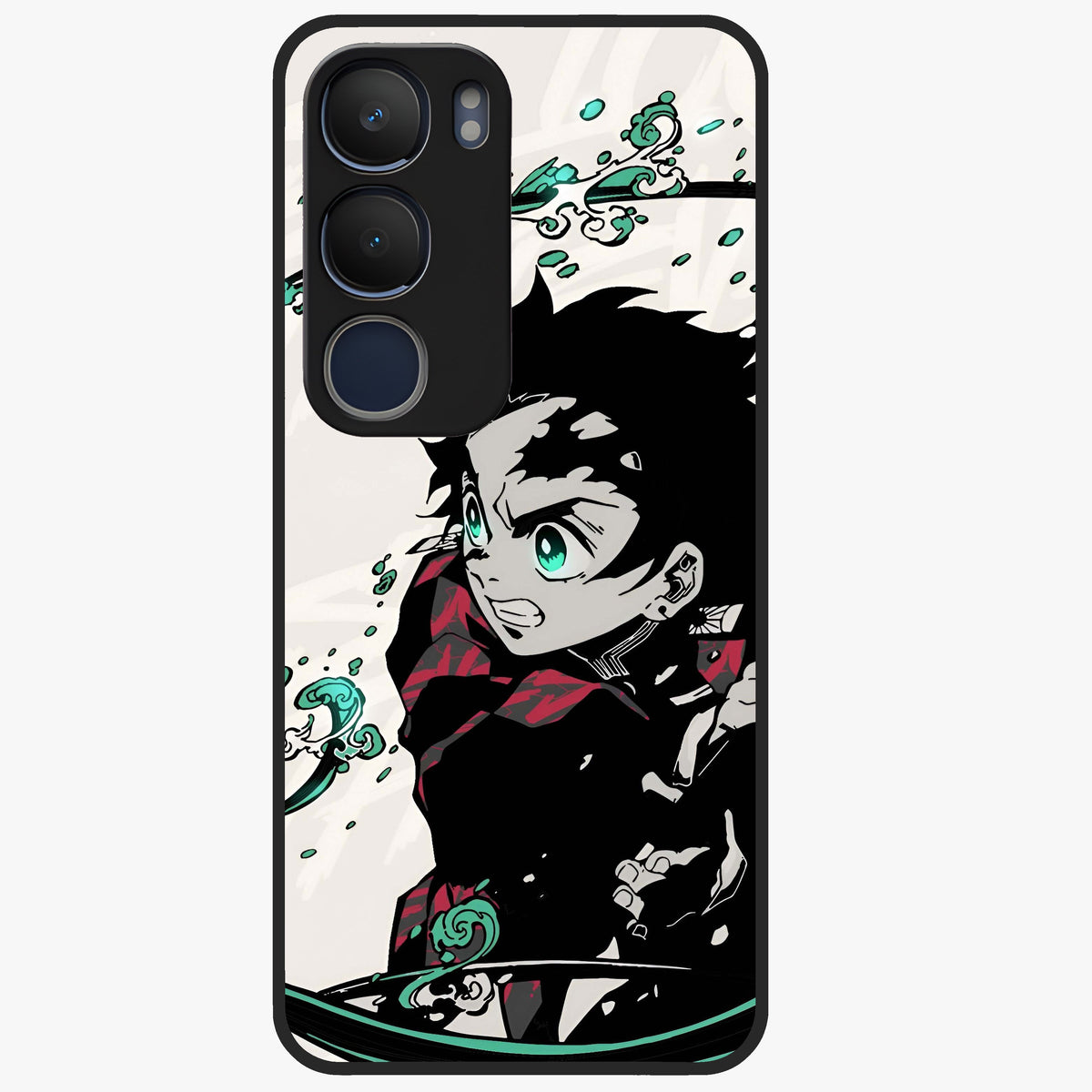 Demon Slayer Glass Case showing flat back view with bold anime inspired artwork and glossy glass finish.